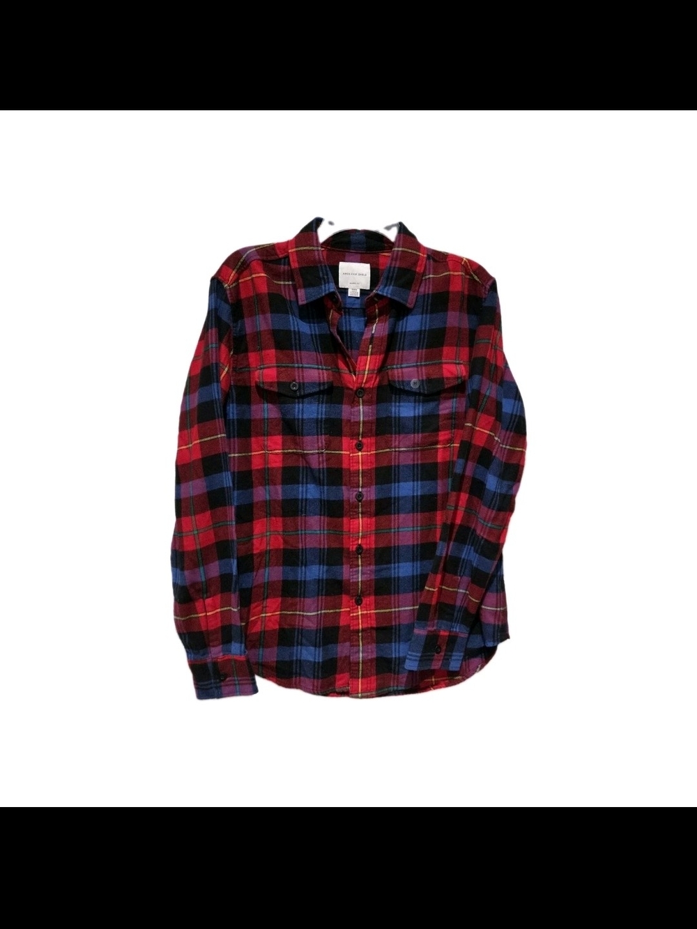 American Eagle Outfitters Red and Blue Plaid Button-Down Shirt